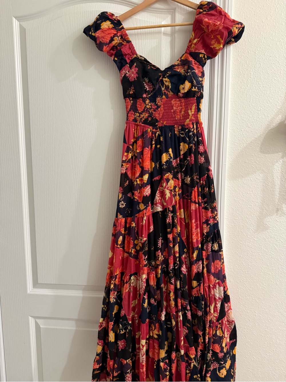 Free People Black and Red Floral Maxi Dress with Puff Sleeves